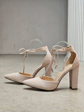 Ankle Strap Block Heel Suede Pumps In Nude Beige For Women